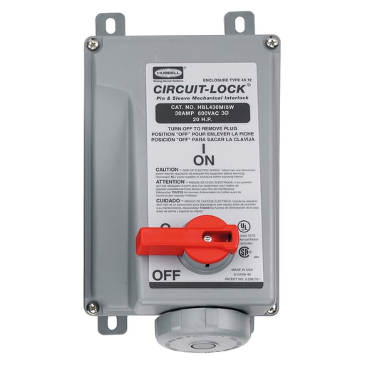 Hubbell Wiring Device - Hubbell HBL430MI5W Pin & Sleeve IEC Unfused Circuit-Lock® Mechanical Interlock, 30A 3P4W, 3ø 600V, IP67, NEMA 4X, 12
