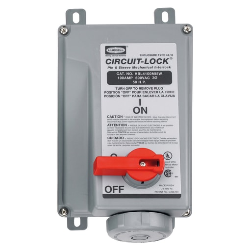Hubbell Wiring Device - Hubbell HBL4100MI5W Pin & Sleeve IEC Unfused Circuit-Lock® Mechanical Interlock, 100A 3P4W, 3ø 600V, IP67, NEMA 4X, 12