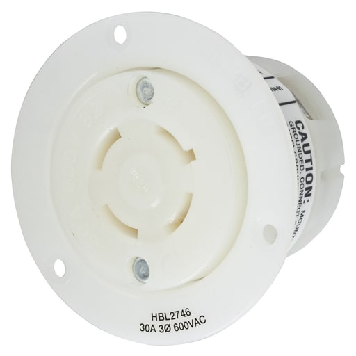 Hubbell Wiring Device - Hubbell HBL2746 30 Amp 600 Volt 3-Pole 4-Wire NEMA L17-30R White Locking Flanged Receptacle