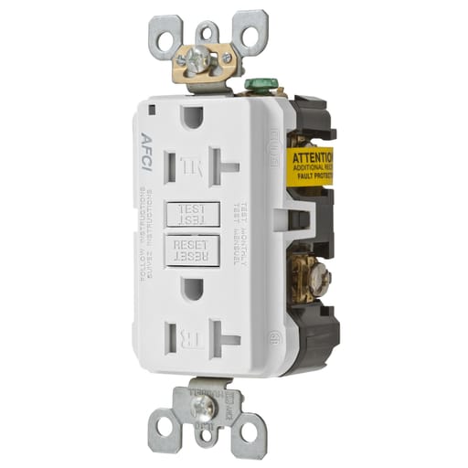Hubbell Wiring Device - Hubbell AFR20TRW 20 Amp 125 Volt 2-Pole 3-Wire NEMA 5-20R White Arc Fault Receptacle with LED Indicator