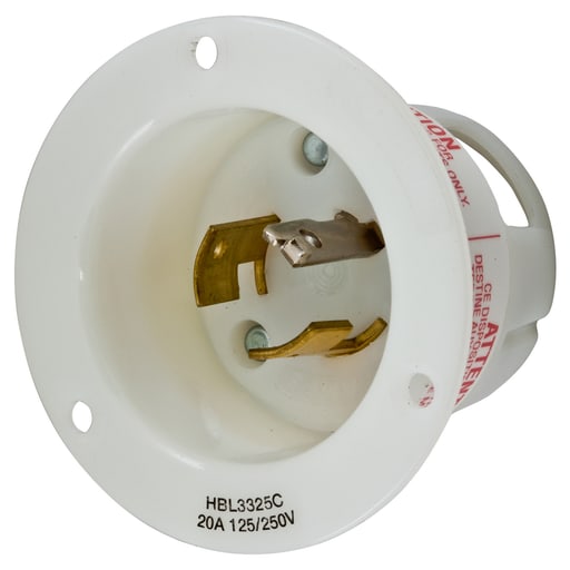 Hubbell Wiring Device - Hubbell HBL3325C 20 Amp 125/250 VAC 3-Pole 3-Wire Non-NEMA White Nylon Flanged Inlet