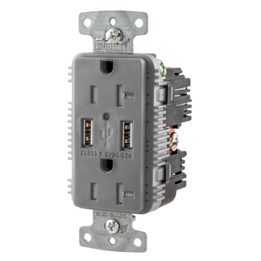 Hubbell Wiring Device - Hubbell USB20A5GY Receptacle DUP 20A 125V 5A 5V USB PORT A GY
