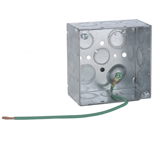 Raco Manufacturing - Raco 232SM 4" Square Box, Welded, 2-1/8" Deep, Ten 1/2" KO's & Six TKO's, Raised Ground, 10" #12 Stranded Copper Pigtail