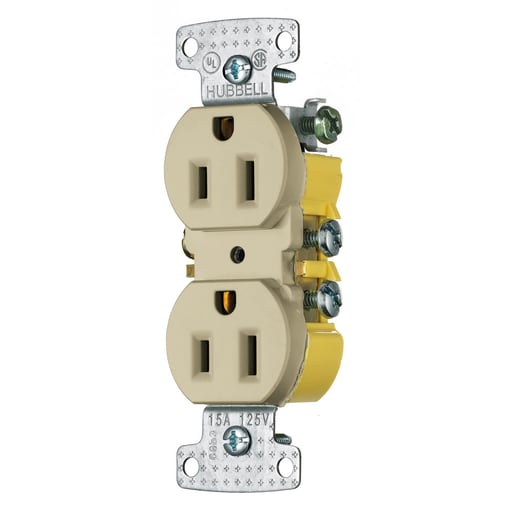 Hubbell Wiring Device - Hubbell RR15I 15 Amp 125 Volt 2-Pole 3-Wire NEMA 5-15R Ivory Duplex Receptacle