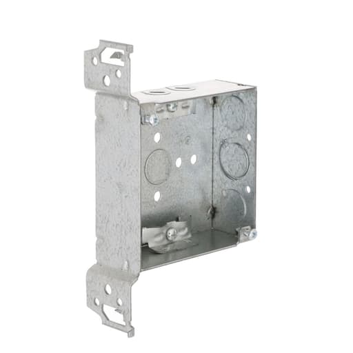 Raco Manufacturing - Raco 223 4" Square Box, Welded, 1-1/2" Deep with NMSC Clamps, Three 1/2" KO's and One TKO, FS Bracket, Flush