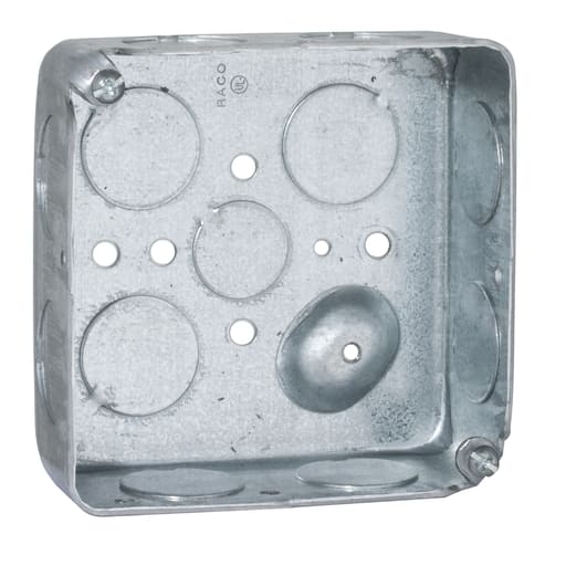 Raco Manufacturing - Raco 191 4" Square Box, 1-1/2" Deep, 1/2" & 3/4" Knockouts, Raised Ground, Drawn