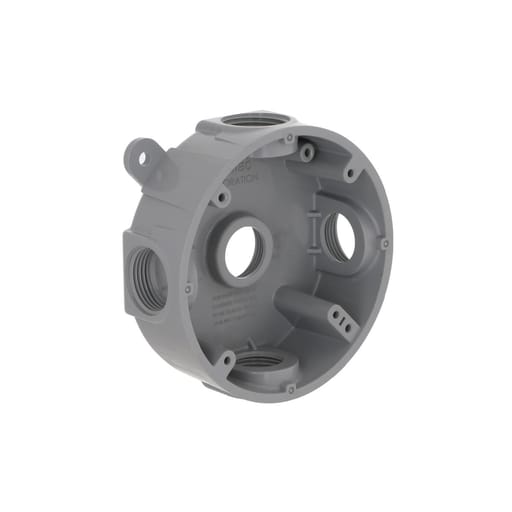 Taymac / Hubbell - Raco PRB57550GY 4" Round Splice Box, 1/2" Deep, (5) 3/4" Threaded Outlets
