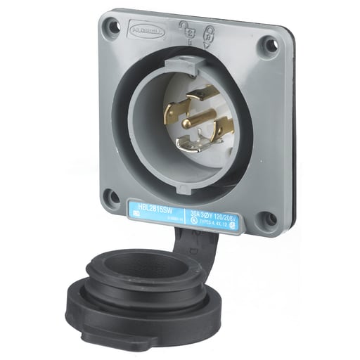 Hubbell Wiring Device - Hubbell HBL2815SW 30 Amp 120/208 VAC 4-Pole 5-Wire NEMA L15-30P Gray Watertight Locking Flanged Inlet
