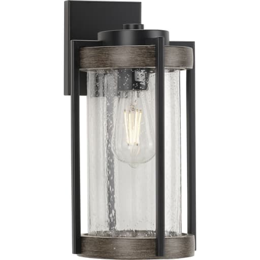 Progress Lighting - Progress P560282-31M Whitmire Collection One-Light Matte Black with Aged Oak Accents Clear Seeded Glass Farmhouse Outdoor Wall Lantern Light