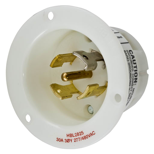 Hubbell Wiring Device - Hubbell HBL2825 30 Amp 277/480 VAC 4-Pole 5-Wire NEMA L22-30P White Locking Flanged Inlet