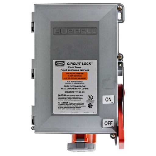 Hubbell Wiring Device - Hubbell HBL460MIF12W Pin & Sleeve IEC Fused Circuit-Lock® Mechanical Interlock, 50A 3P4W, 120/240V, IP66, NEMA 4X, 12