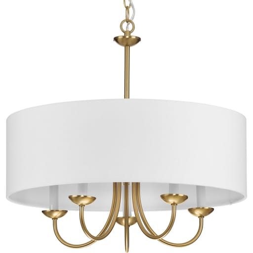 Progress Lighting - Progress P4217-109 Drum ShadeCollection Five-Light Brushed Bronze White Fabric Shade New Traditional Chandelier Light