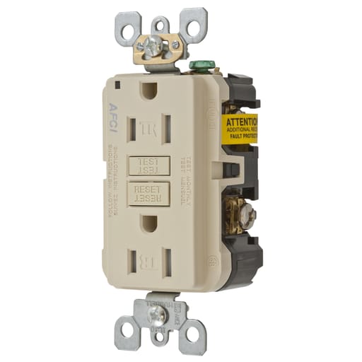 Hubbell Wiring Device - Hubbell AFR15TRI 15 Amp 125 Volt 2-Pole 3-Wire NEMA 5-15R Ivory Arc Fault Receptacle with LED Indicator