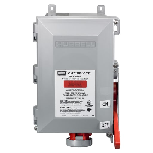 Hubbell Wiring Device - Hubbell HBL430MIF7W Pin & Sleeve IEC Fused Circuit-Lock® Mechanical Interlock, 30A 3P4W, 3ø 480V, IP66, NEMA 4X, 12