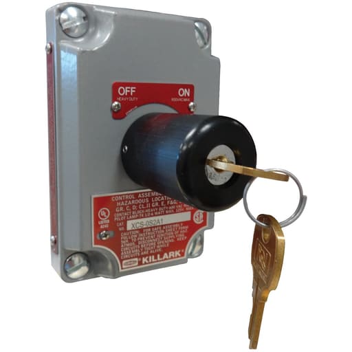 Killark - Killark XCS-0K2A1 XCS Series - Aluminum Maintained Contact 2-Position Keyed Selector Switch Cover With Device - Keyed Different With Key Removal In Both Positions- "Off - On" Nameplate - 1NO/1NC Contact Rating