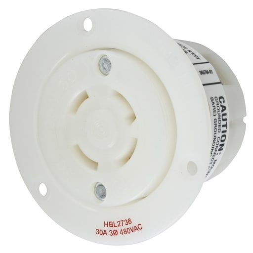 Hubbell Wiring Device - Hubbell HBL2736 30 Amp 480 Volt 3-Pole 4-Wire NEMA L16-30R White Locking Flanged Receptacle