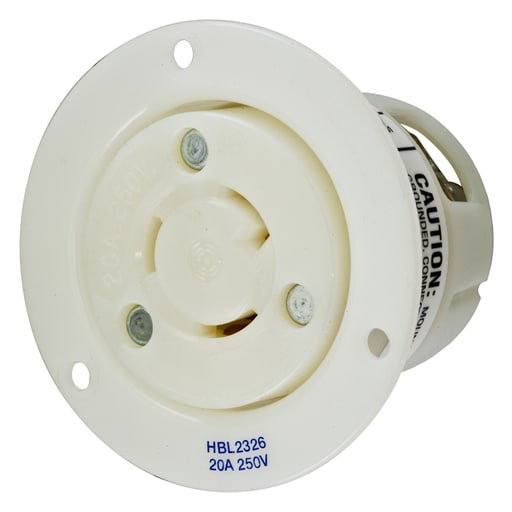 Hubbell Wiring Device - Hubbell HBL2326 20 Amp 250 Volt 2-Pole 3-Wire NEMA L6-20R White Locking Flanged Receptacle