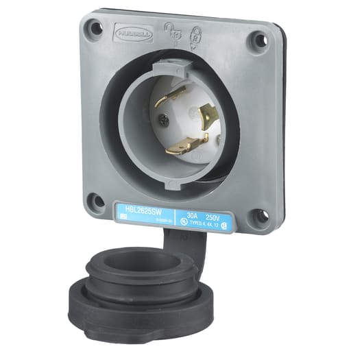 Hubbell Wiring Device - Hubbell HBL2625SW 30 Amp 250 Volt 2-Pole 3-Wire NEMA L6-30P Gray Watertight Locking Flanged Inlet