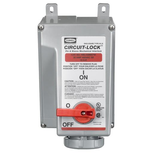 Hubbell Wiring Device - Hubbell HBL430MI7W Pin & Sleeve IEC Unfused Circuit-Lock® Mechanical Interlock, 30A 3P4W, 3ø 480V, IP67, NEMA 4X, 12