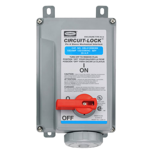 Hubbell Wiring Device - Hubbell HBL5100MI9W Pin & Sleeve IEC Unfused Circuit-Lock® Mechanical Interlock, 100A 4P5W, 3øY 120/208V, IP67, NEMA 4X, 12