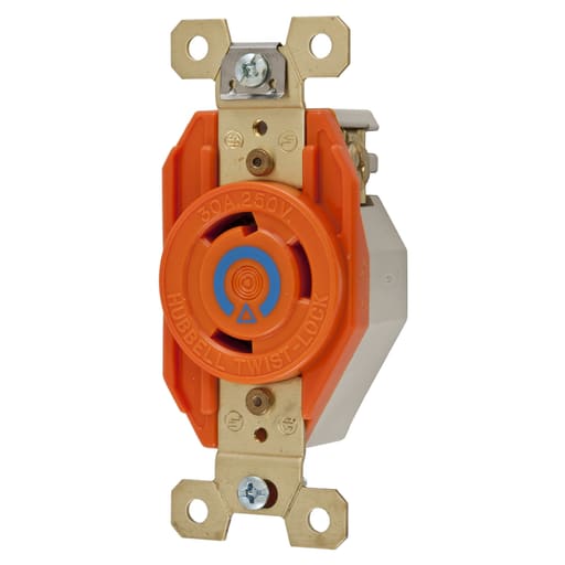 Hubbell Wiring Device - Hubbell IG2620 30 Amp 250 Volt 2-Pole 3-Wire NEMA L6-30R Orange Isolated Ground Locking Single Receptacle