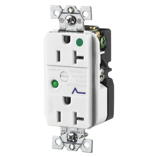 Hubbell Wiring Device - Hubbell HBL8362WSA 20 Amp 125 Volt NEMA 5-20R White Hospital Grade Surge Protection Device Duplex Receptacle
