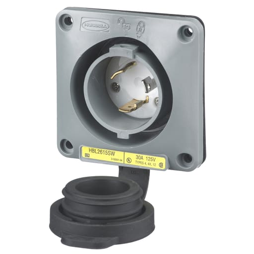 Hubbell Wiring Device - Hubbell HBL2615-SW 30A 125V Twist-Lock Watertight SAFETY-SHROUD Gray VALOX Flanged Inlet