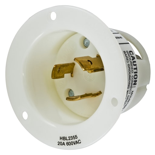 Hubbell Wiring Device - Hubbell HBL2355 20 Amp 600 Volt 2-Pole 3-Wire NEMA L9-20P White Locking Flanged Inlet
