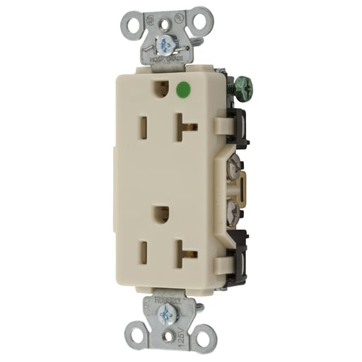 Hubbell Wiring Device - Hubbell 2182IV Straight Blade Device, Decorator Duplex Receptacle, Hospital Grade, Hubbell-Pro, 20A 125V, 2-Pole 3-Wire Grounding, 5-20R, Ivory
