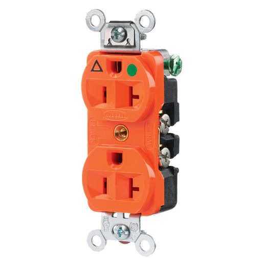 Hubbell Wiring Device - Hubbell IG8300 20 Amp 125 Volt 2-Pole 3-Wire NEMA 5-20R Orange Isolated Ground Straight Blade Duplex Receptacle