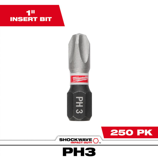 Milwaukee Tool - Milwaukee 48-32-4882 SHOCKWAVE™ Impact Bit Phillips #3 Insert Bits (Bulk 250)