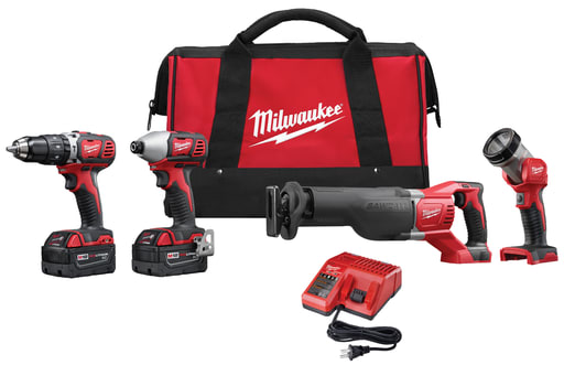 Milwaukee Tool - Milwaukee 2696-24 M18™ Cordless Lithium-Ion 4-Tool Combo Kit: 1/2" Hammer/Drill, SAWZALL, 1/4" Hex Impact Driver, Work Light