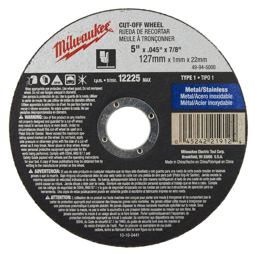 Milwaukee Tool - Milwaukee 49-94-5000 5" x .045" x 7/8" Cut-Off Wheel (Type 1)
