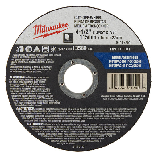 Milwaukee Tool - Milwaukee 49-94-4500 4-1/2" x .045" x 7/8" Cut-Off Wheel (Type 1)