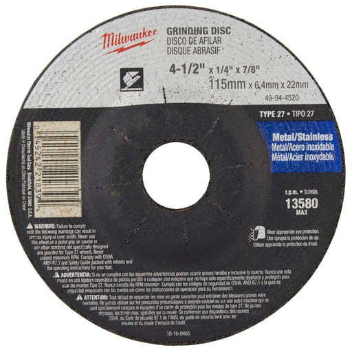 Milwaukee Tool - Milwaukee 49-94-4520 4-1/2" x 1/4" x 7/8" Grinding Wheel (Type 27)