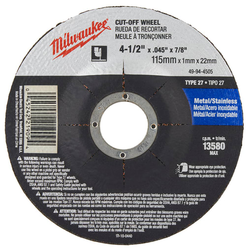Milwaukee Tool - Milwaukee 49-94-4505 4-1/2" x .045" x 7/8" Cut-Off Wheel (Type 27)