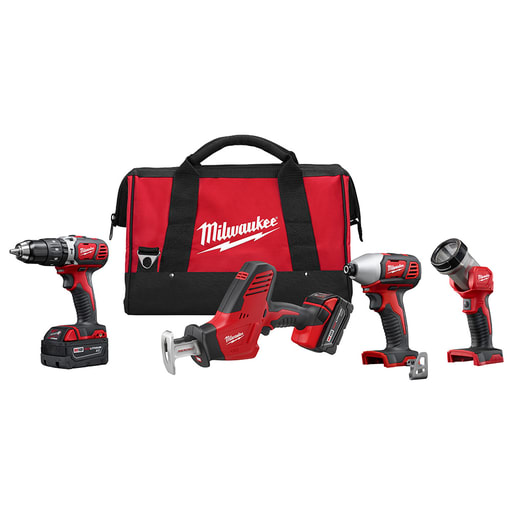 Milwaukee Tool - Milwaukee 2695-24 M18™ Cordless Lithium-Ion 4-Tool Combo Kit: 1/2" Hammer Drill/Driver, HACKZALL, 1/4" Hex Impact Driver, Work Light