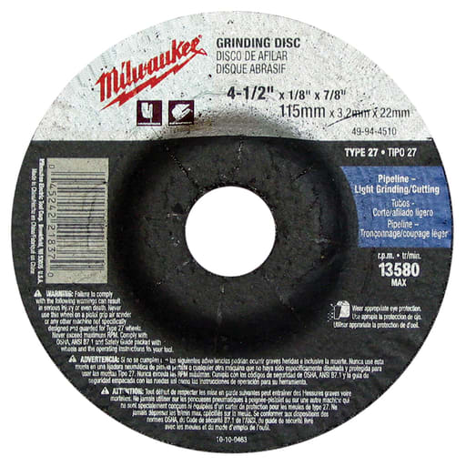 Milwaukee Tool - Milwaukee 49-94-4510 4-1/2" x 1/8" x 7/8" Grinding Wheel (Type 27)
