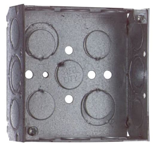 Thomas & Betts Co - Steel City 52151-1/2-3/4-EW-GB 4" Steel Square Box, 1-1/2" Deep, 21 cu.in. w/ 1/2" & 3/4" Eccentric KOs and Ground Bump