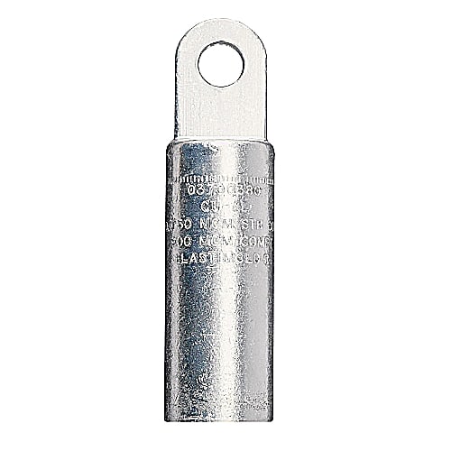 Thomas & Betts Co - ABB Elastimold 03700270 15/25/35kV 600 Amp Series Deadbreak Compression Lug (Tin-Plated Aluminum). Conductor Size AWG Compressed/Stranded 4/0, or kcmil Compacted/Solid 250. Length 5.94 inches. Diameter 1.38 Inches. 1-Hole Pad, .50" Thick. Hole Size .688" Diameter.