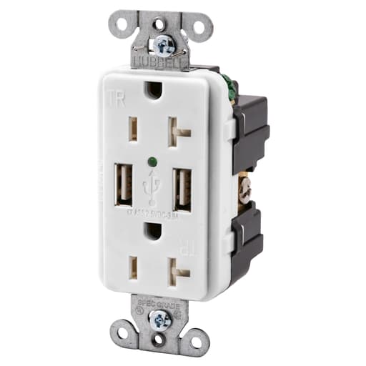 Hubbell Wiring Device - Hubbell USB20X2-W USB Charger / Tamper-Resistant Receptacle, Two USB Type 2.0 Ports 3 Amp, 5VDC, 20 Amp, 125VAC Decorator Duplex - White