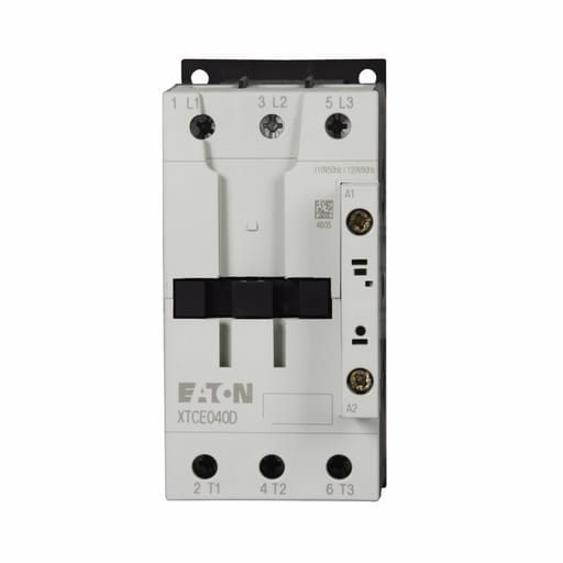 Cutler-Hammer / Eaton - Cutler-Hammer XTCE050D00B XT IEC contactor, 50A, 220 Vac 50 Hz, 240 Vac 60 Hz, 0NO-0NC, 50A, Frame D, 55 mm, 50-60 Hz, 3, 7.5, 10/ 15, 20, 40, 50 hp (1/3PH @115, 200, 230/200, 230, 460, 575 V), Three-po