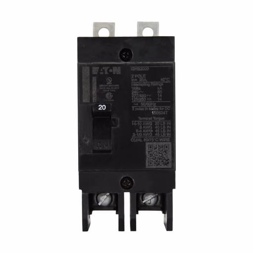 Cutler-Hammer / Eaton - Cutler-Hammer GHB2020 Molded Case Circuit Breaker, G-frame, Fixed thermal, Fixed magnetic trip type, Two-pole, 20 A, 480Y/277 Vac, 125/250 Vdc, 50/60 Hz