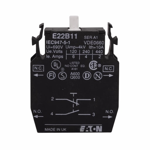 Cutler-Hammer / Eaton - Eaton Electrical E22B11 22.5 mm 1NO 1NC Screw Terminal Push Button Contact Block