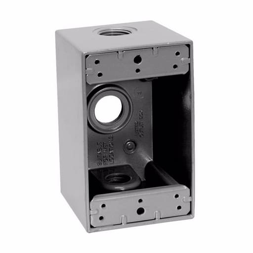 Crouse-Hinds - Crouse-Hinds TP7074 1-Gang Weatherproof Outlet Box w/ Lugs, 2-5/8" Deep, 24cu.in., (3) 1/2" Outlet Holes, Gray