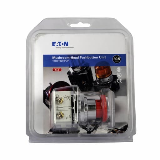 Cutler-Hammer / Eaton - Eaton Electrical 10250T32R-POP 30.5 mm 600 VAC 1NO 1NC Momentary Red Die-Cast Zinc IP65 Mushroom Non-Illuminated Push Button
