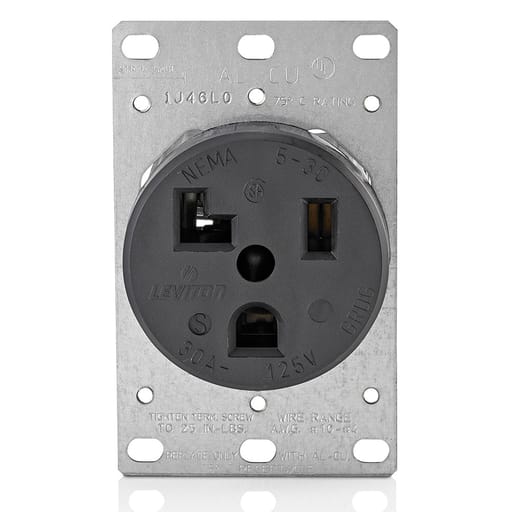 Leviton Mfg Co - Leviton 5371 125 Volt 30 Amp 2-Pole 3-Wire NEMA 5-30R 2 Hp Black Nylon Grounding Flush Mount Straight Blade Receptacle