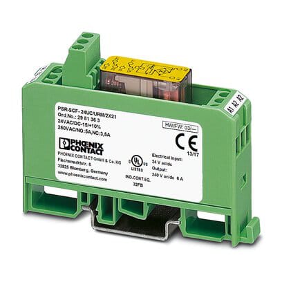 Phoenix Blocks - Phoenix Contact 2981363 17.5 x 60.5 x 75 mm 24 VAC/VDC 30 mA Green Housing Universal Safety Relay 2PDT Extension Module