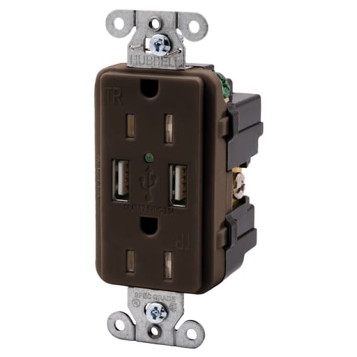 Hubbell Wiring Device - Hubbell USB15X2 USB Charger / Tamper-Resistant Receptacle, Two USB Type 2.0 Ports 3 Amp, 5VDC, 15 Amp, 125VAC Decorator Duplex - Brown