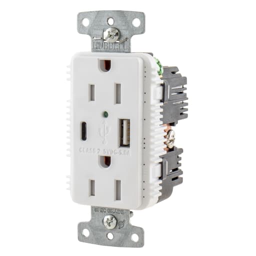 Hubbell Wiring Device - Hubbell USB15AC5W Receptacle DUP 15A 125V 5A 5V USB PORT AC WH